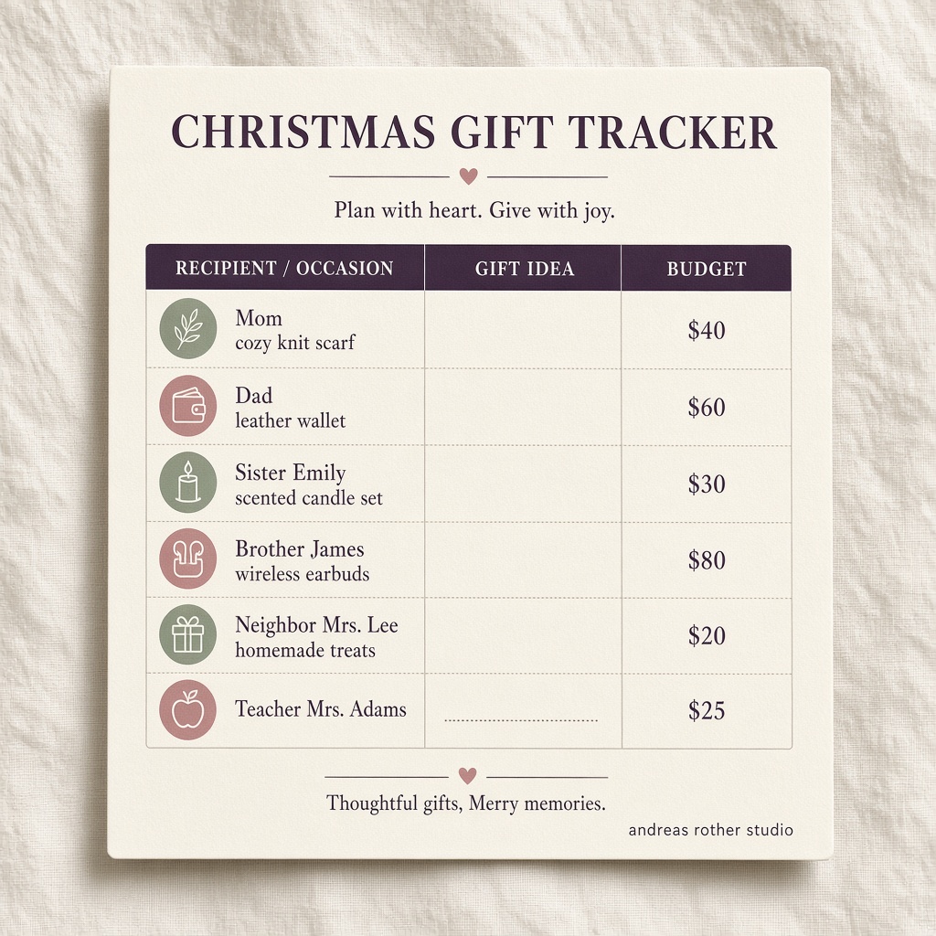 Studio preview of the free Christmas Gift Tracker sample sheet on linen
