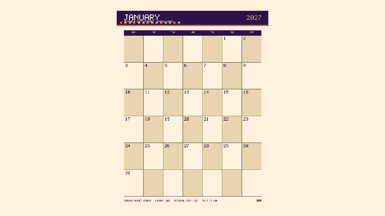 Studio preview of the printable 2027 wall calendar
