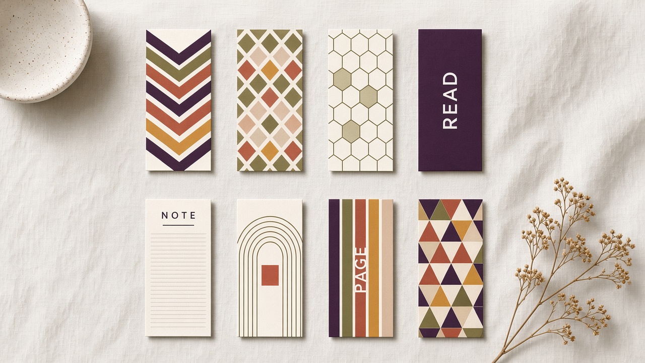 Studio mockup of eight printable bookmark designs on linen