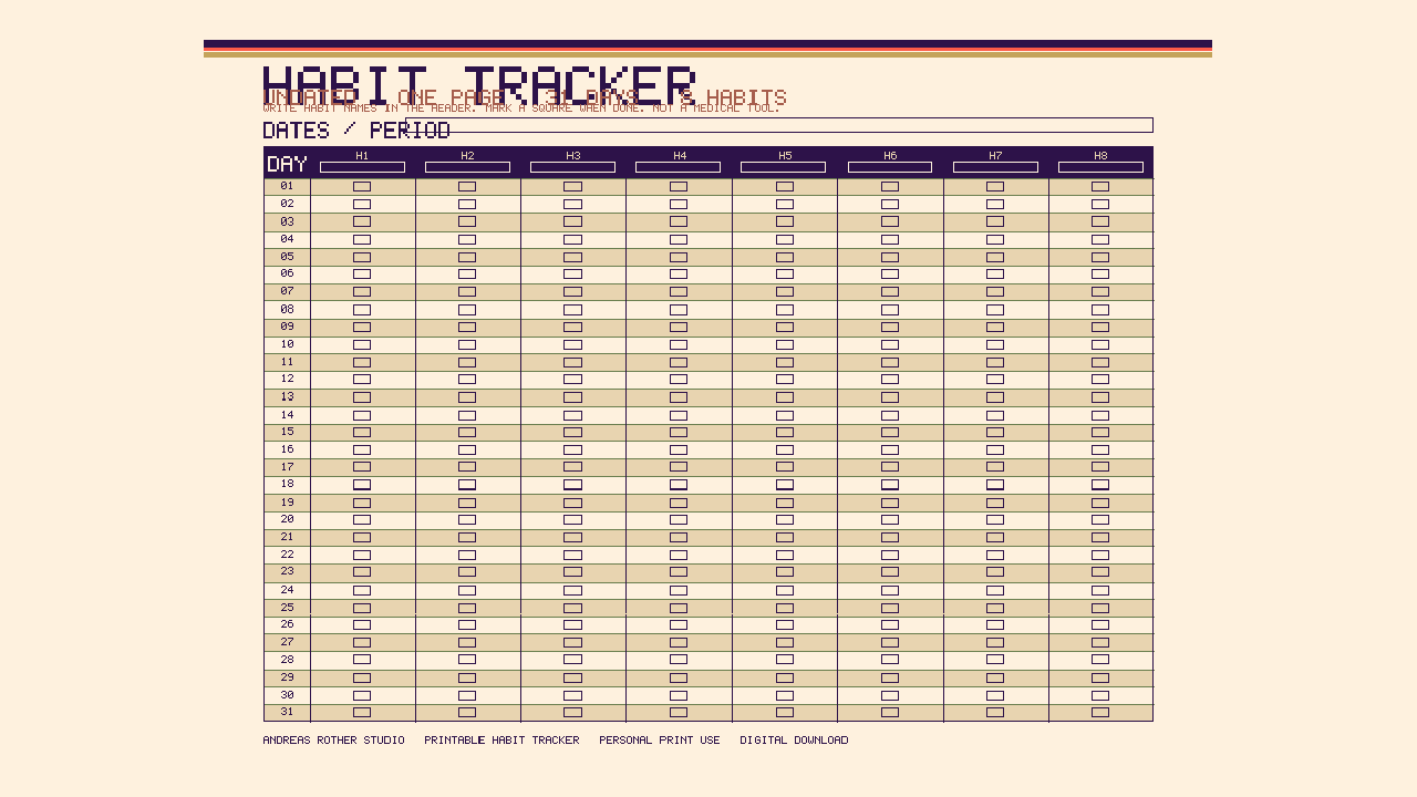 Studio preview of the printable habit tracker grid