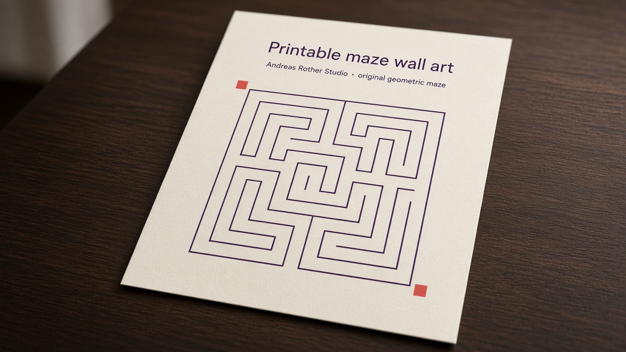 Studio mockup of the printable maze wall art poster on cream paper