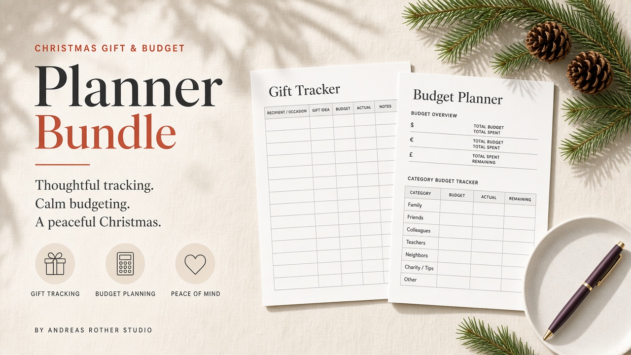 Studio-Vorschau der Christmas Gift & Budget Planner Bundle-Seiten auf Leinen