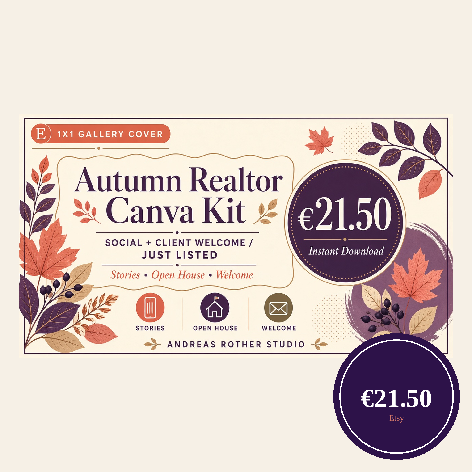 Quadratisches Cover-Mockup des Autumn Realtor Canva Kit mit dem geplanten Euro-Preis in der Grafik