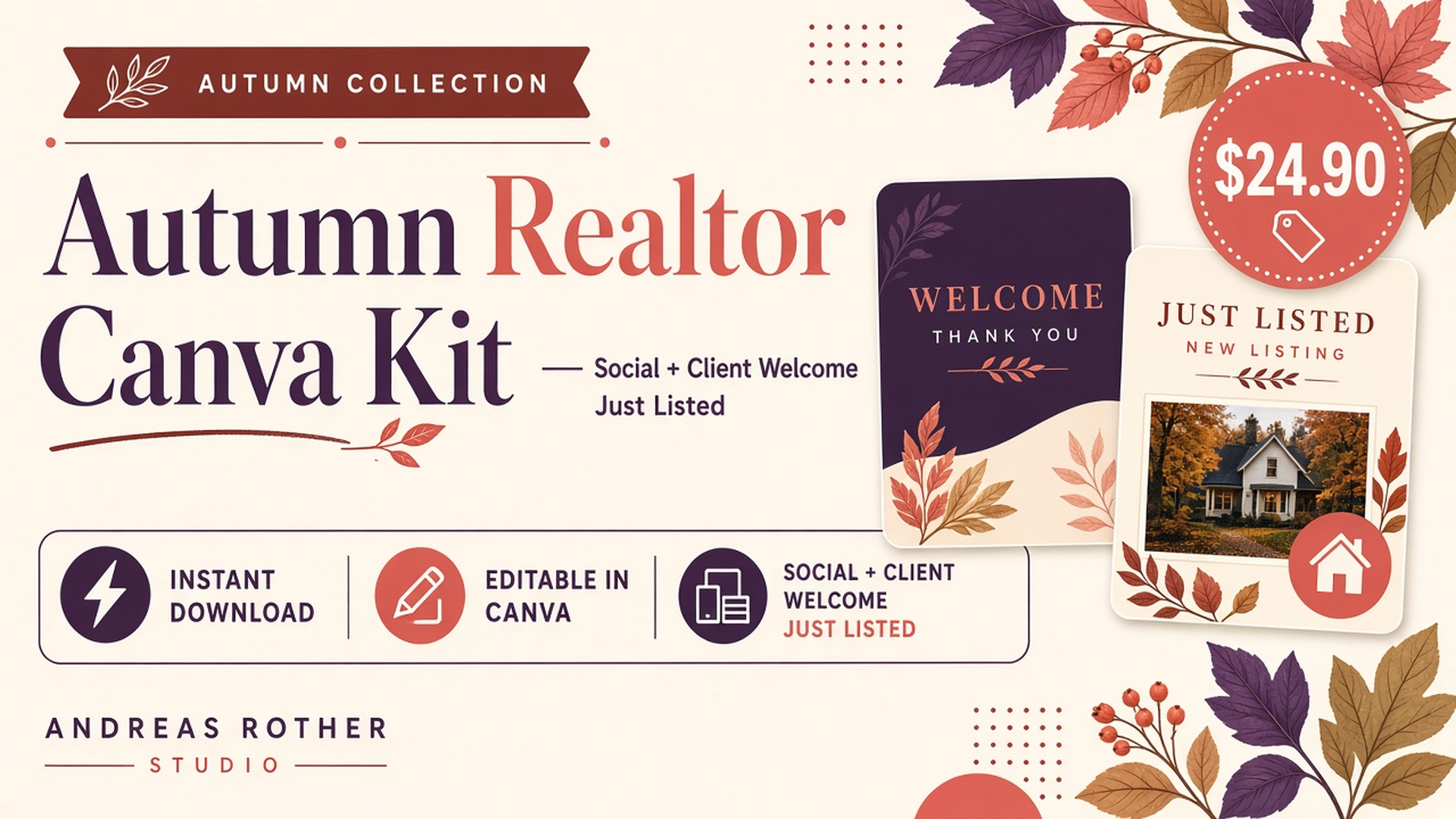 Breites Cover-Mockup des Autumn Realtor Canva Kit mit Welcome- und Just-Listed-Karten