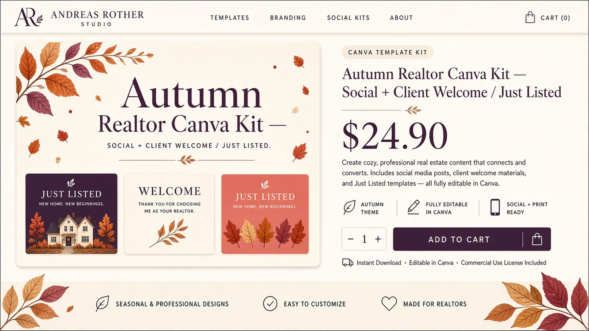 Cover-Mockup des Autumn Realtor Canva Kit — Social-Posts, Client Welcome und Just Listed
